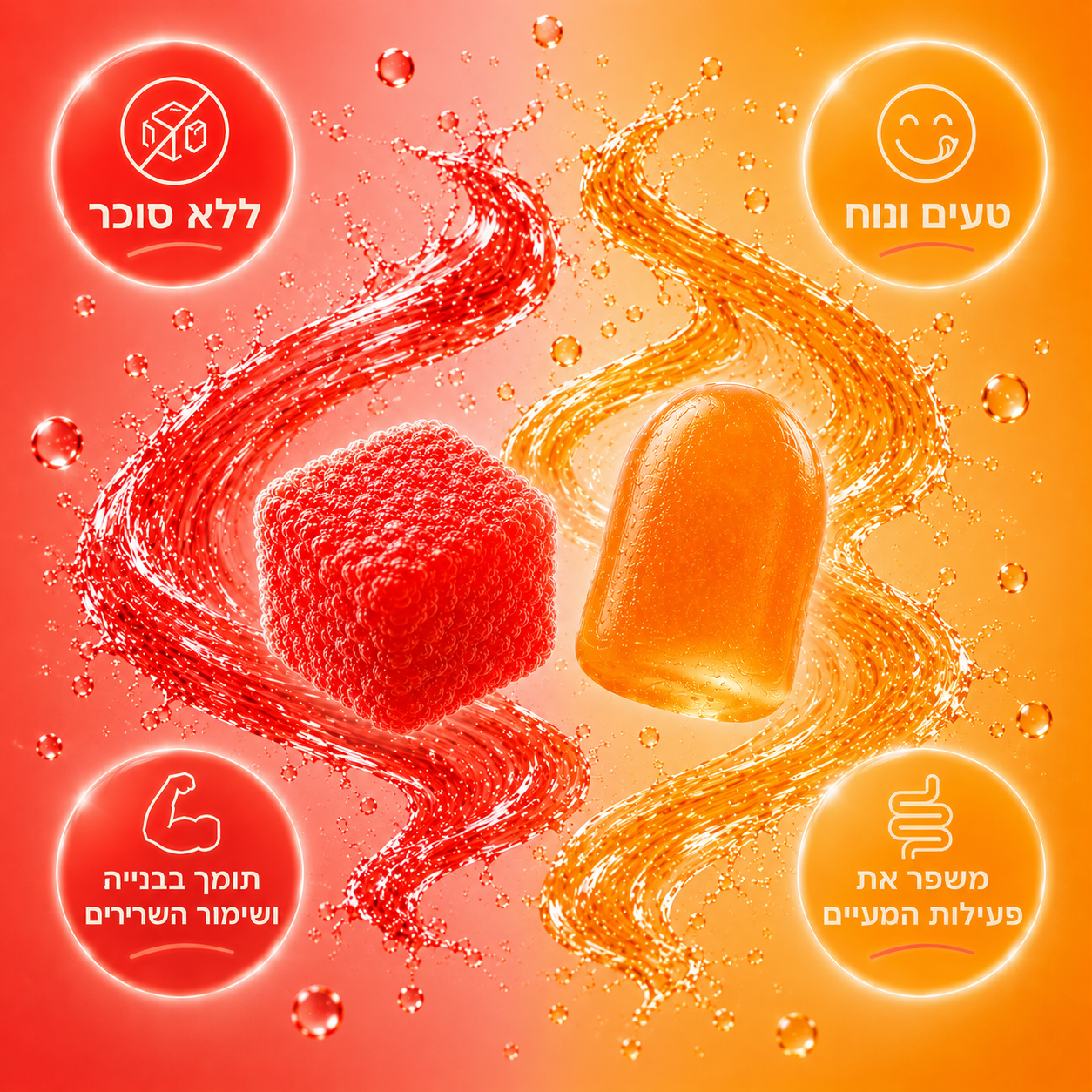 יתרונות המארז PROTEIN+ + BLOAT — ללא סוכר, תומך בבניית ושימור השרירים, משפר את פעילות המעיים